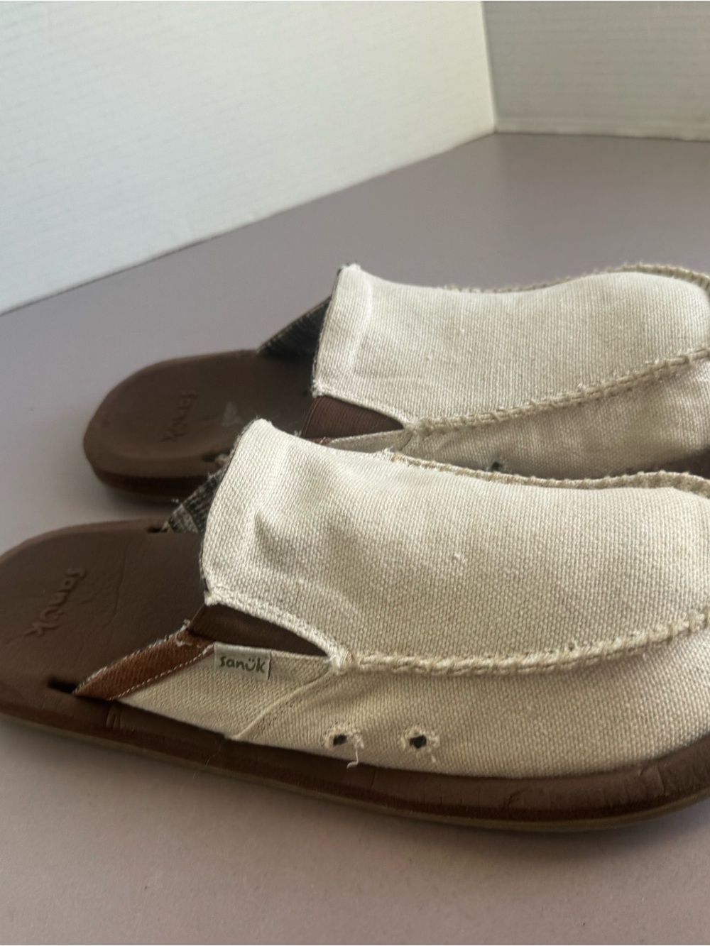 Sanuk Cream Canvas Slip-On Sandals